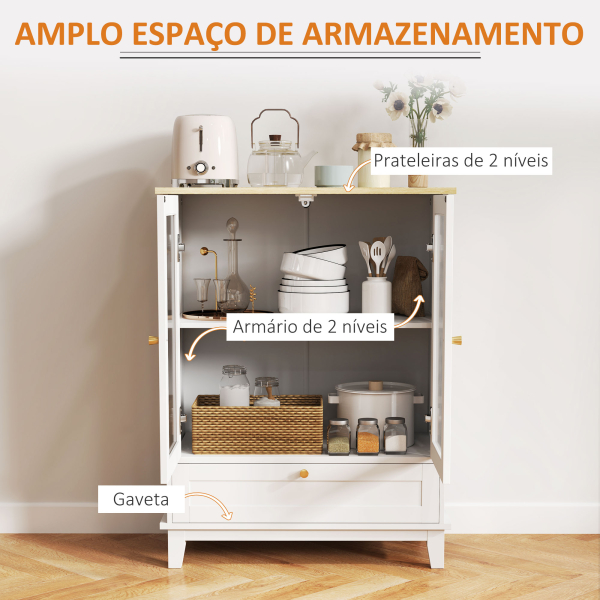 HOMCOM Aparador Sala de Estar com 2 Portas de Vidro Temperado Gaveta e Prateleira Ajustável 68x35x85 cm Branco - Image 4