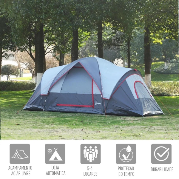 Outsunny Tenda de Campismo para 5-6 Pessoas Impermeável 3000mm+ Anti UV com Bolsa de Transporte e Gancho para Luz 455x230x180cm Cinza - Image 6