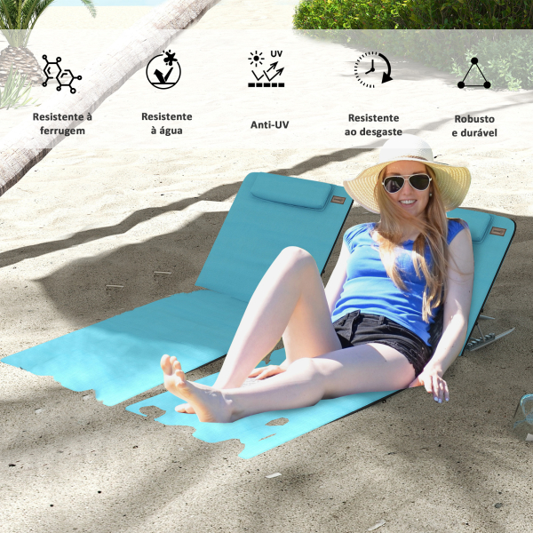 Outsunny Conjunto de 2 Esteiras de Praia com Encosto Reclinável em 5 Níveis Bolsa de Transporte e Apoio de Cabeça 48x134x33-43 cm Azul - Image 4