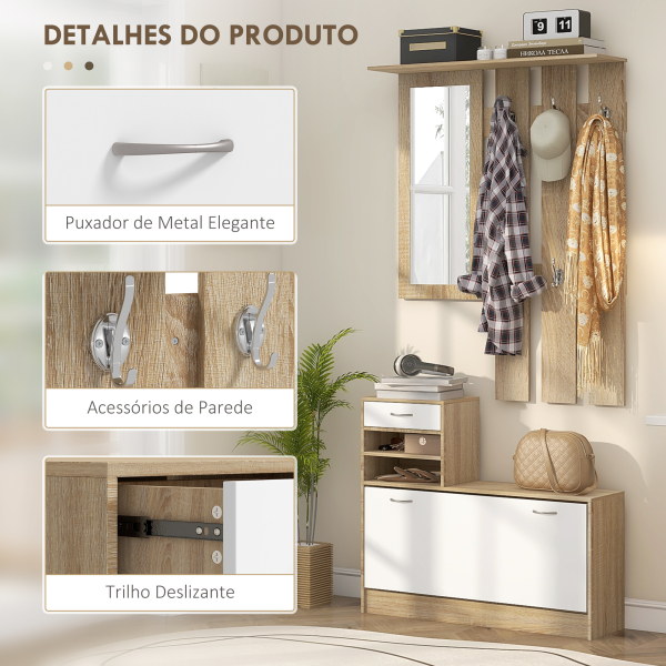 HOMCOM Móvel Cabide de Entrada de 3 Peças Armário de Entrada com Cabide Espelho Sapateira e Gaveta 90x10x102 cm Branco e Madeira - Image 6