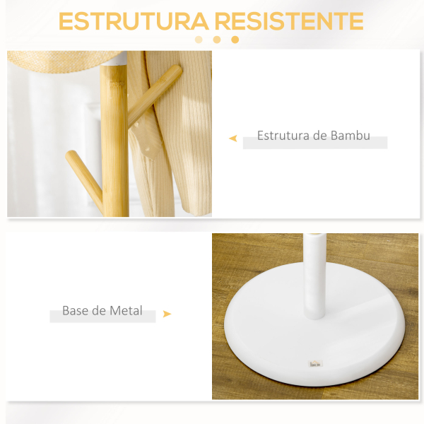 HOMCOM Cabide de Pé de Bambu Moderno com 8 Ganchos para Roupas Bolsas Ø37,8x175,6 cm Madeira e Branco - Image 7
