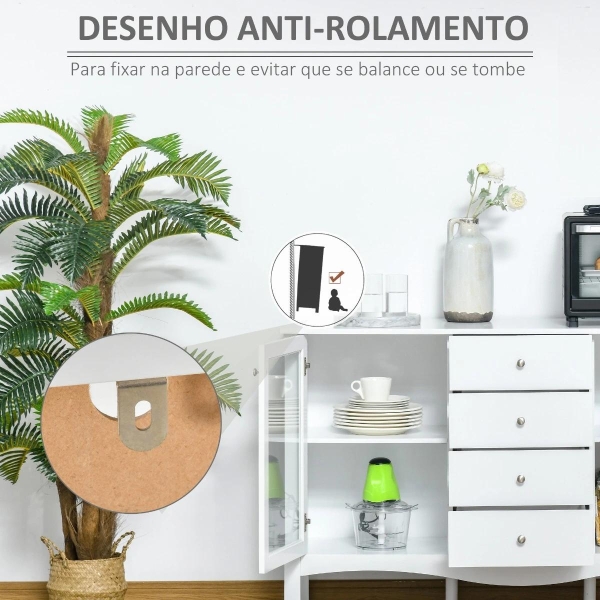 HOMCOM Aparador de Cozinha Armário Buffet com 2 Armários Porta de Vidro Prateleira Interior Ajustável e 4 Gavetas para Sala de Jantar Sala de Estar 136x45x85cm Branco - Image 7