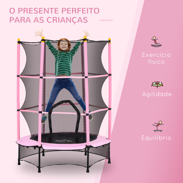 HOMCOM Trampolim para Crianças com Rede de Segurança e Estrutura de Aço para Interiores e Exteriores Carga 50kg Ø140x190 cm Rosa - Image 7