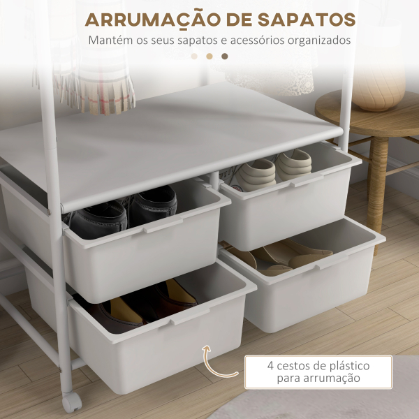 HOMCOM Charriot Moderno 8 Ganchos e 4 Cestos para Armazenamento Charriot com Rodas e Estrutura de Aço 63x37x153 cm Branco - Image 6