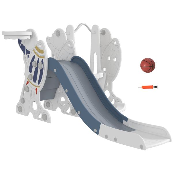 AIYAPLAY Conjunto de Escorregador e Baloiço para Crianças 3 em 1 Baloiço para Crianças de 18-48 Meses Escorregador e Cesto de Basquetebol 150x185x92 cm Branco e Azul