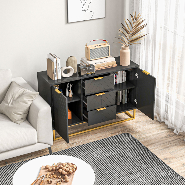 HOMCOM Aparador Auxiliar Armário de Armazenamento com 3 Gavetas e 2 Armários com Prateleira Ajustável 120x40x76 cm Preto - Image 9
