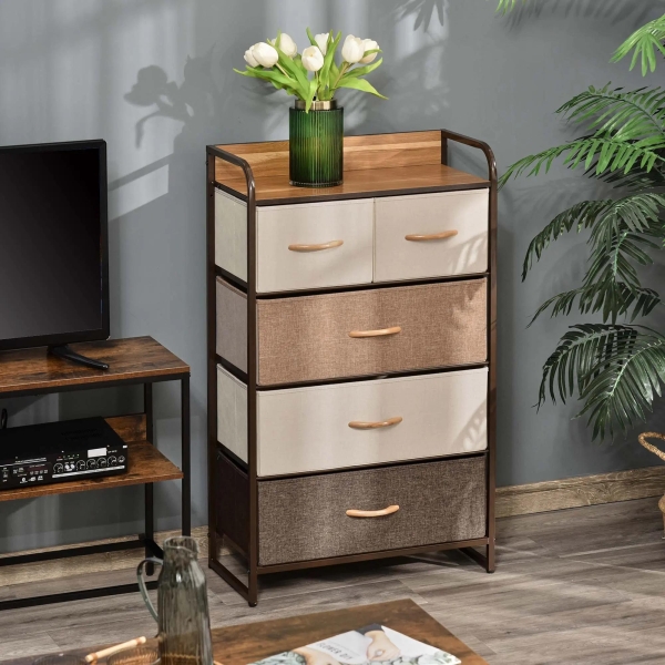 HOMCOM Cómoda de Tecido com 5 Cestos Removíveis e Dobráveis Base Elevada Móvel de Armazenamento para Dormitório Sala de Estar 58x29x99cm Multicor - Image 9
