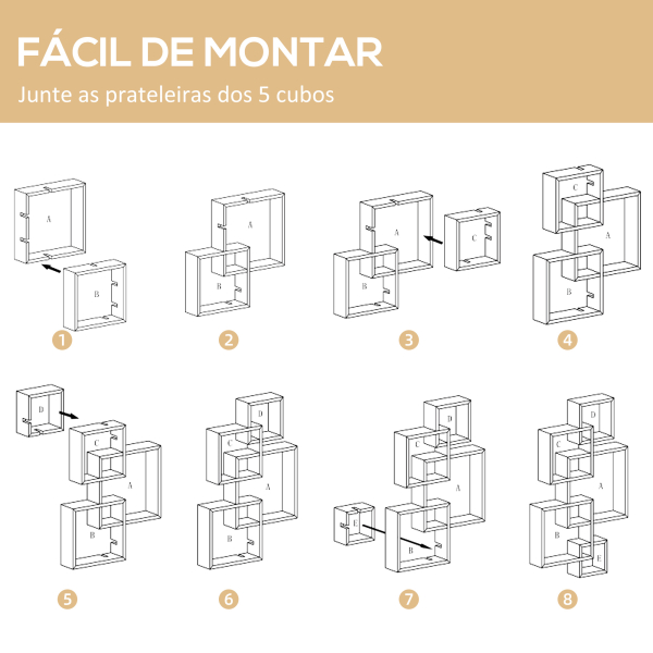 HOMCOM Estante de Parede com 5 Cubos Estante Flutuante de Madeira Estilo Moderno 49,5x10,2x86cm Branco - Image 5