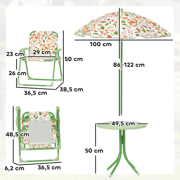 AIYAPLAY Conjunto de Mesa e Cadeiras para Crianças de Jardim com Cadeiras Dobráveis Chapéu de Sol Ajustável e Desenho de Raposas Verde - Image 3