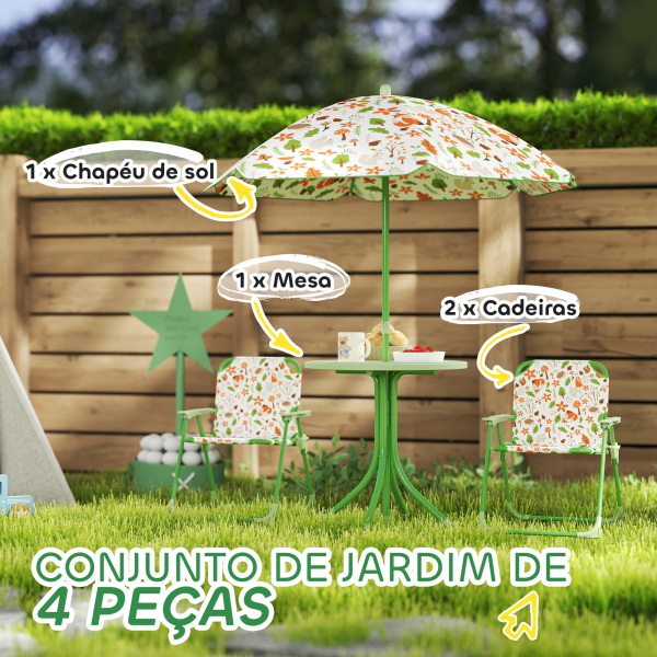 AIYAPLAY Conjunto de Mesa e Cadeiras para Crianças de Jardim com Cadeiras Dobráveis Chapéu de Sol Ajustável e Desenho de Raposas Verde - Image 4