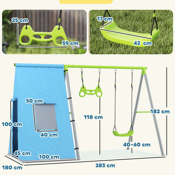 AIYAPLAY Baloiço para Crianças 3 em 1 Baloiço para Jardim Exterior com Baloiço Anéis de Ginástica e Tenda 283x180x182 cm Verde - Image 3