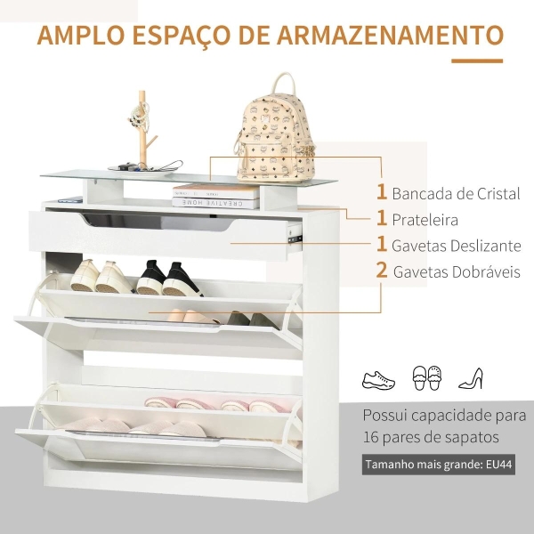HOMCOM Móvel Sapateira de 2 Portas Sapateira Estreito para 16 Pares de Sapatos com Gaveta Prateleira Aberta e Bancada de Vidro para Corredor Entrada 89x23x96cm Branco - Image 5