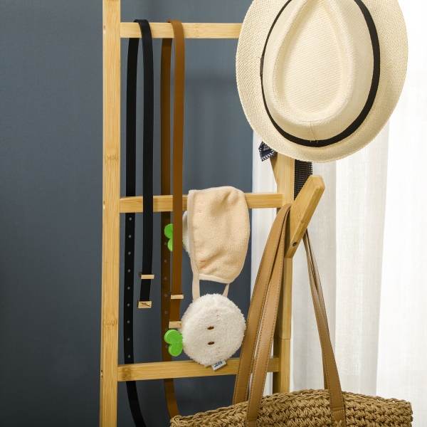 HOMCOM Suporte para Cabides de Bambu com Rodas Porta Cabides Multifuncional com 6 Ganchos Barra e Prateleira 100x37x191 cm Madeira - Image 8