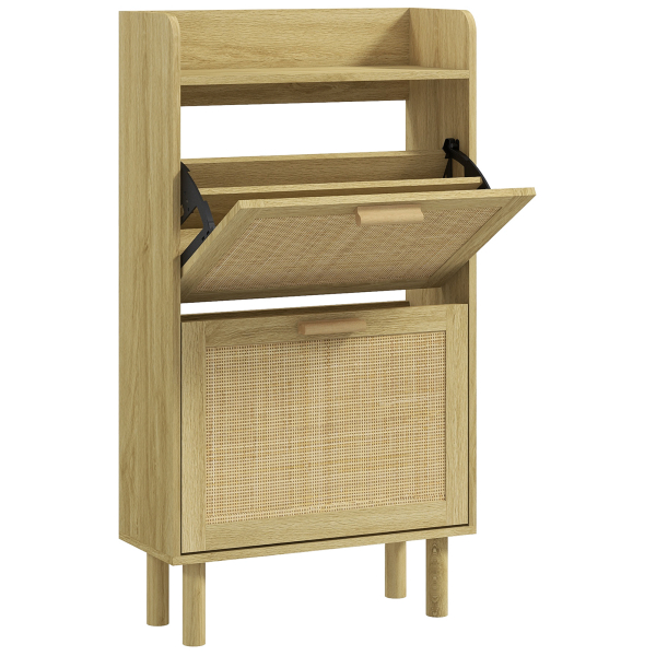 HOMCOM Móvel Sapateira de Entrada com 2 Gavetas Basculantes e 1 Prateleira Aberta para 18 Pares de Sapatos 80x24,5x110 cm Carvalho