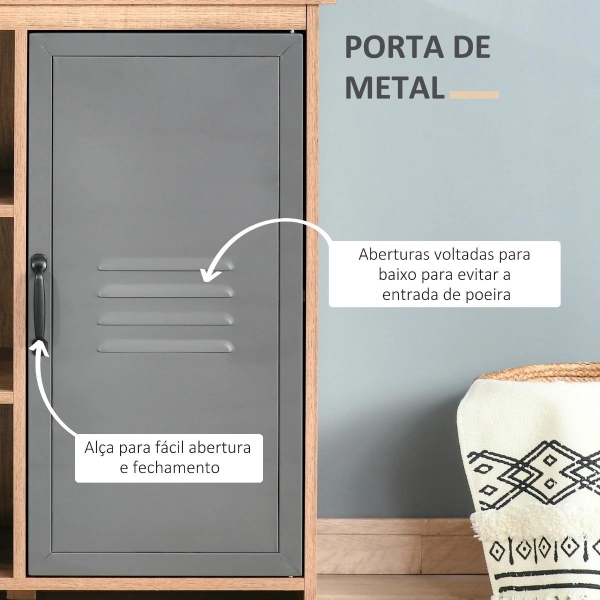 HOMCOM Aparador com Porta de Metal Móvel Auxiliar com 3 Prateleiras Abertas e Armário com Porta e Prateleira Ajustável 80x35x82cm Madeira Natural - Image 6