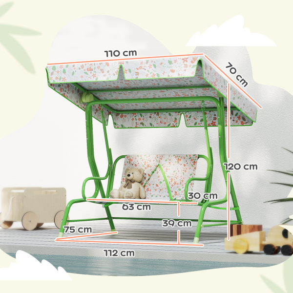 AIYAPLAY Baloiço de Jardim para Crianças com 2 Lugares Toldo Ajustável Cinto de Segurança e Desenho de Borboletas 112x75x120 cm Verde - Image 3