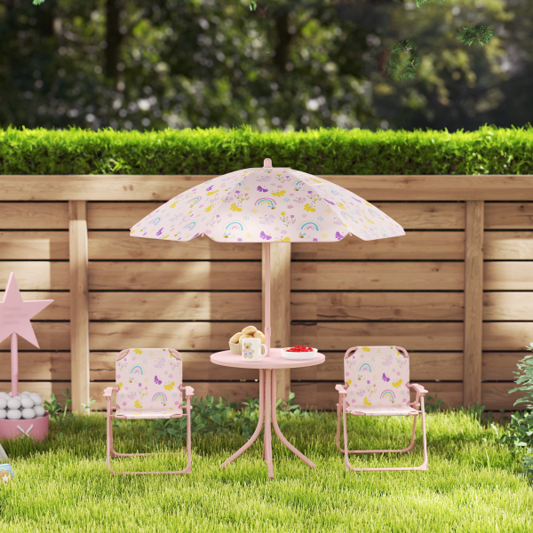 AIYAPLAY Conjunto de Mesa e Cadeiras para Crianças de Jardim com Cadeiras Dobráveis Chapéu de Sol Ajustável e Desenho de Raposas Rosa - Image 9