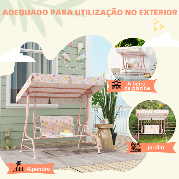 AIYAPLAY Baloiço de Jardim para Crianças com 2 Lugares Toldo Ajustável Cinto de Segurança e Desenho de Borboletas 112x75x120 cm Rosa - Image 6
