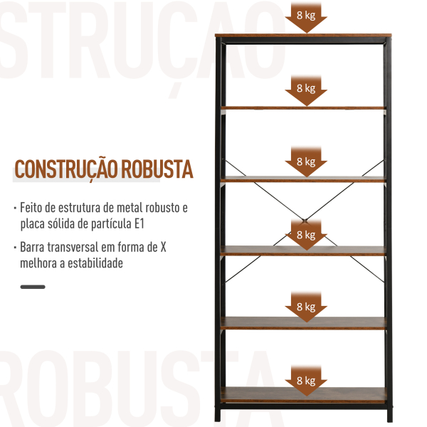 HOMCOM Estante estilo industrial com 6 prateleiras abertas para sala de estar Escritório 80x30x180 cm Castanho Rústico - Image 7