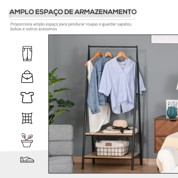 HOMCOM Suporte para Cabides com 2 Prateleiras de Armazenamento Barra para Pendurar e Estrutura de Aço 64x42,5x149 cm Preto - Image 5