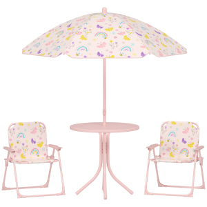 AIYAPLAY Conjunto de Mesa e Cadeiras para Crianças de Jardim com Cadeiras Dobráveis Chapéu de Sol Ajustável e Desenho de Raposas Rosa