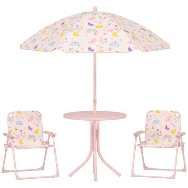 AIYAPLAY Conjunto de Mesa e Cadeiras para Crianças de Jardim com Cadeiras Dobráveis Chapéu de Sol Ajustável e Desenho de Raposas Rosa