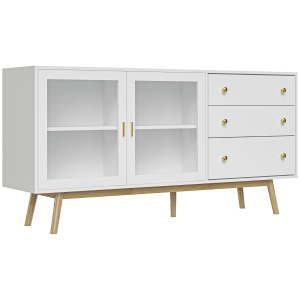 HOMCOM Aparador de Sala de Estar com 2 Portas de Vidro 3 Gavetas e Pés de Madeira de Borracha 160x40x80 cm Branco e Madeira