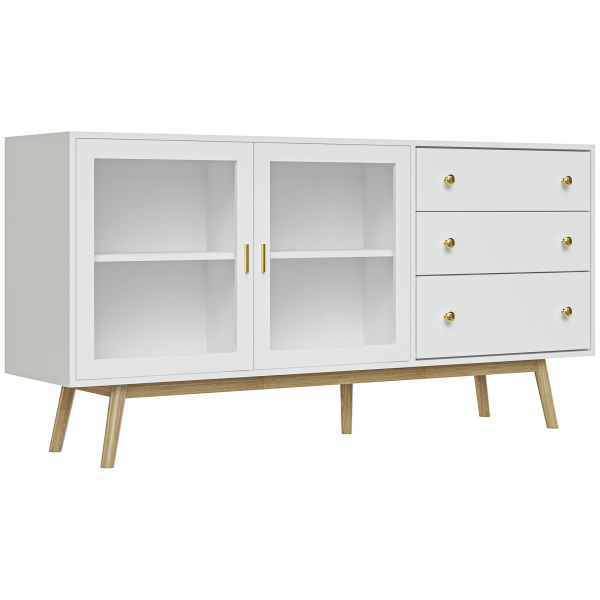 HOMCOM Aparador de Sala de Estar com 2 Portas de Vidro 3 Gavetas e Pés de Madeira de Borracha 160x40x80 cm Branco e Madeira