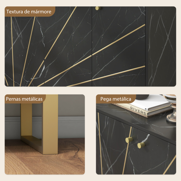 HOMCOM Aparador de Sala de Estar com 2 Armários e Prateleira Interior Ajustável com Efeito Mármore 107x35x75 cm Preto e Dourado - Image 6