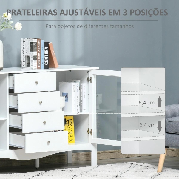 HOMCOM Aparador de Cozinha Armário Buffet com 2 Armários Porta de Vidro Prateleira Interior Ajustável e 4 Gavetas para Sala de Jantar Sala de Estar 136x45x85cm Branco - Image 5
