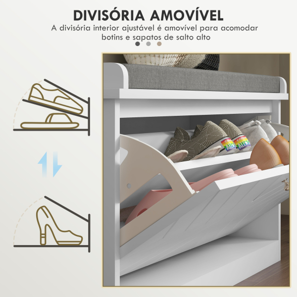 HOMCOM Banco Sapateira Moderno de Madeira com Prateleiras Ajustáveis e Almofada Acolchoada para 8 Pares de Sapatos 80x26x44,5 cm Branco - Image 5
