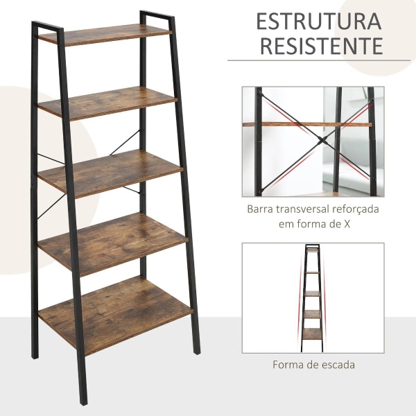 HOMCOM Estante de Estilo Industrial em Forma de Escada com 5 Prateleiras com Estrutura de Metal para Sala de Estar Dormitório Cozinha Escritório 56x34x160cm Marrom Rústico - Image 5