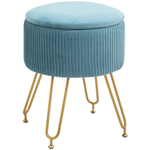 HOMCOM Puff de Armazenamento Estofado em Veludo Banco de Armazenamento com Pés de Aço Ø40x48 cm Azul Claro