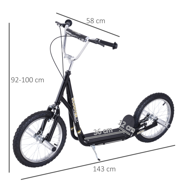 HOMCOM Trotinete para Crianças acima de 5 anos Scooter de 2 Rodas Grandes Insufláveis de 16 Polegadas com Freios e Guidão Ajustável em Altura 143x58x92-100cm Preto - Image 3