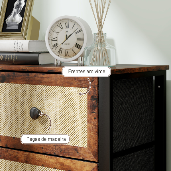 HOMCOM Cómoda para Dormitório Cómoda de Tecido com 6 Gavetas Dobráveis com Frentes de Vime 88x30x83 cm Marrom Rústico - Image 7