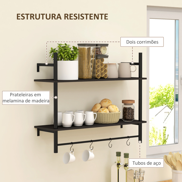 HOMCOM Estante de Parede de 2 Níveis Estante Suspensa com 4 Ganchos 2 Prateleiras e Estrutura de Metal 80x24x65 cm Preto - Image 5