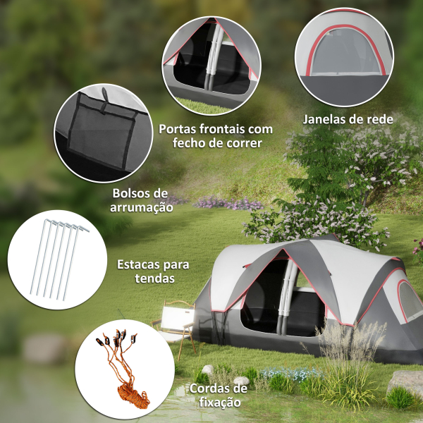 Outsunny Tenda de Campismo Familiar para 6-8 Pessoas Dobrável com 2 Quartos e Bolsa de Transporte Impermeável 450x215x180 cm Cinza - Image 8