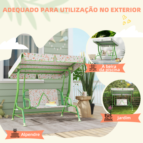 AIYAPLAY Baloiço de Jardim para Crianças com 2 Lugares Toldo Ajustável Cinto de Segurança e Desenho de Borboletas 112x75x120 cm Verde - Image 6