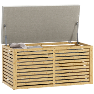HOMCOM Baú de Arrumação para Dormitório 122L Estofado em Linho Sintético com Almofada Estrutura de Bambu 90x42x43 cm Cinza e Madeira