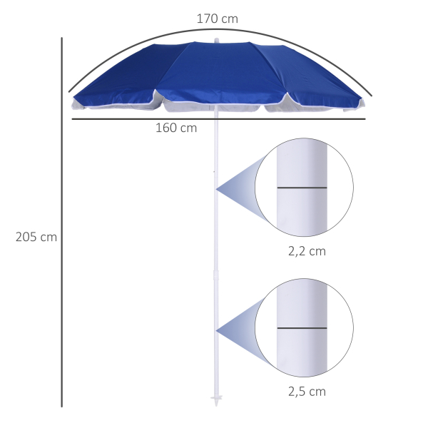 Outsunny Chapéu de Sol de Praia Grande Ø160 cm Chapéu de Sol de Exterior com Ângulo Ajustável Proteção UV Impermeavel e Bolsa de Transporte Azul - Image 3