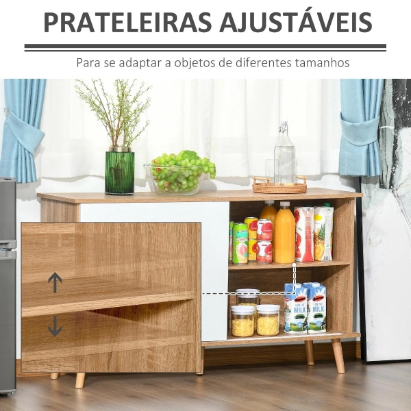 HOMCOM Móvel Aparador tipo Buffet para Sala de Jantar Cozinha com 2 Portas Corredeiras Prateleiras Interior Ajustáveis e Pés de Madeira 130x40x74,5cm Natural e Branco - Image 5