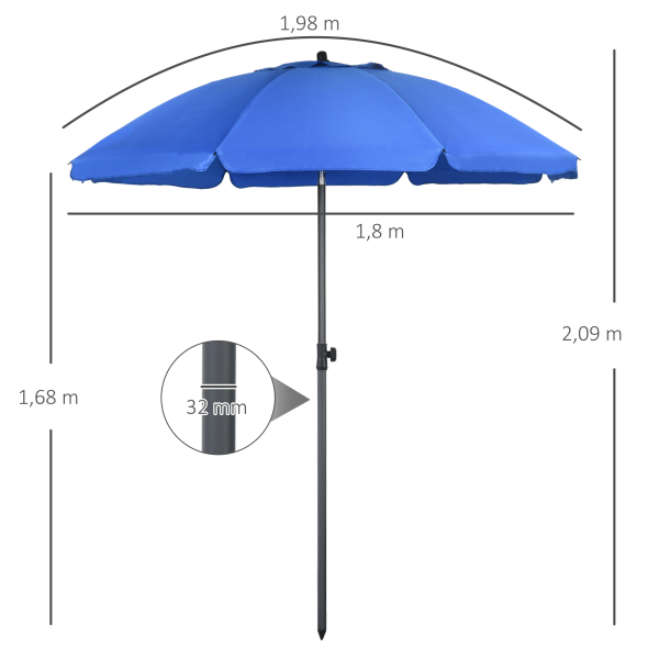 Outsunny Chapéu de Sol de Praia Grande Ø180 cm Chapéu de Sol de Exterior com Ângulo Ajustável Proteção UV50+ Mastro de Ø32 mm Azul - Image 3