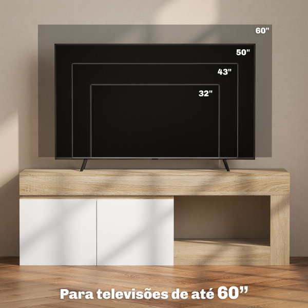 HOMCOM Móvel de TV com 2 Portas Prateleira Aberta Móvel de TV Televisóres de 60 Polegadas 140x40x48 cm Branco e Madeira - Image 7