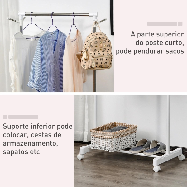 HOMCOM Charriot com Altura Ajustável Cabide com Rodas Portátil Prateleira Inferior Aço 68,5x42x87-145cm Branco e Prata - Image 6