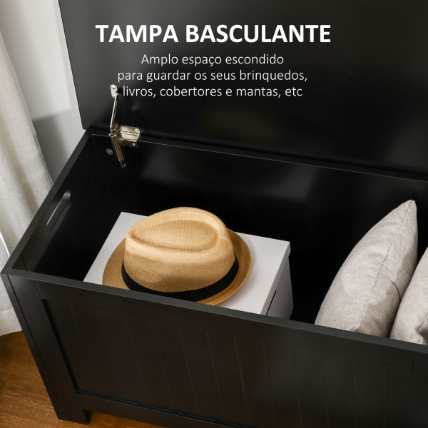 HOMCOM Baú de Armazenamento de Madeira Baú de Arrumação com Dobradiça de Segurança Carga Máxima 20 kg 81x40x46 cm Preto - Image 5