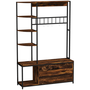 HOMCOM Móvel Cabide de Entrada com Sapateira Móvel de Entrada com Banco Prateleiras e Ganchos  120x35x180 cm Marrom Escuro