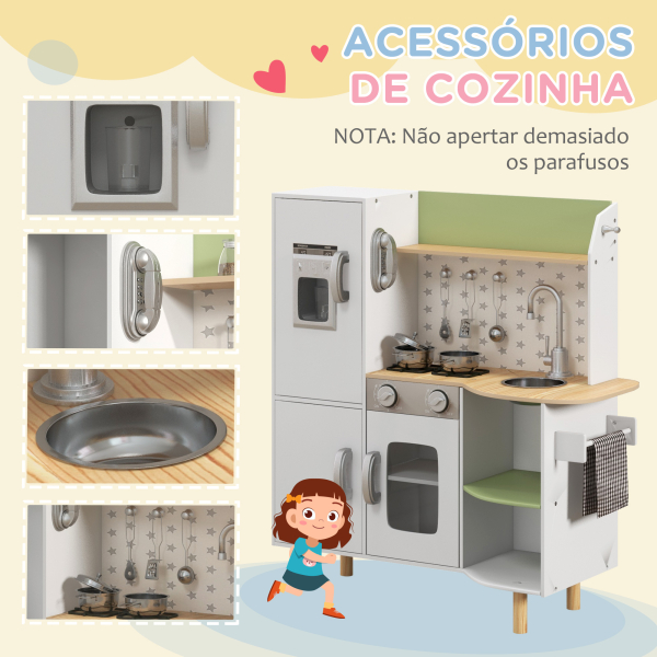 AIYAPLAY Cozinha de Madeira para Crianças com Máquina de Gelo Lavatório de Aço Inoxidável e Utensílios 84x34x89 cm Branco - Image 6