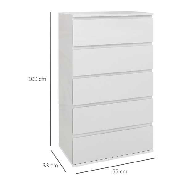HOMCOM Cómoda com 5 Gavetas de Madeira Cómoda de Dormitório Cómoda Branca para Sala de Estar Estilo Moderno 55x33x100 cm Branco - Image 3