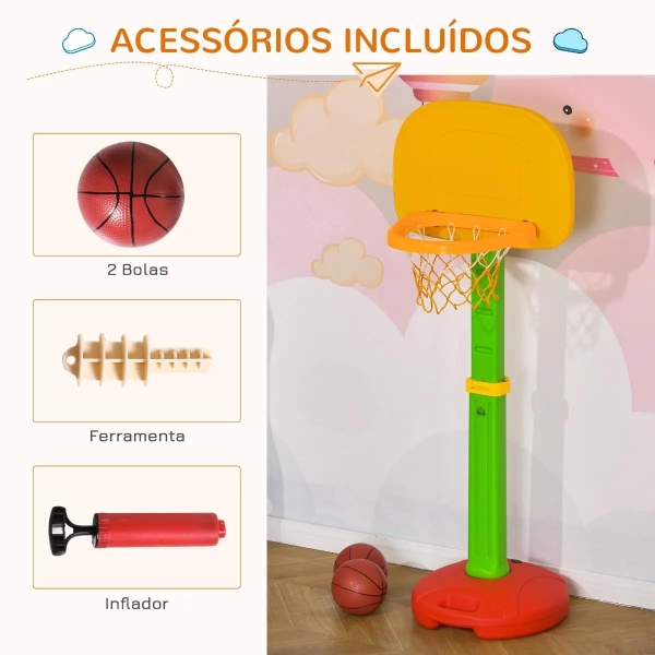 HOMCOM Tabela de Basquetebol Infantil para Crianças acima de 3 anos Altura Ajustável 2 Bolas e Inflador 52,5x44x120-160cm Amarelo Verde Vermelho - Image 5