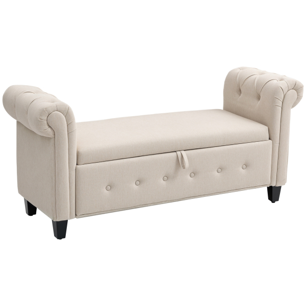HOMCOM Banco de Pé de Cama de Linho com Dobradiças na Tampa Pés de Madeira e Apoio para os Braços 146,5x49x74,5 cm Bege